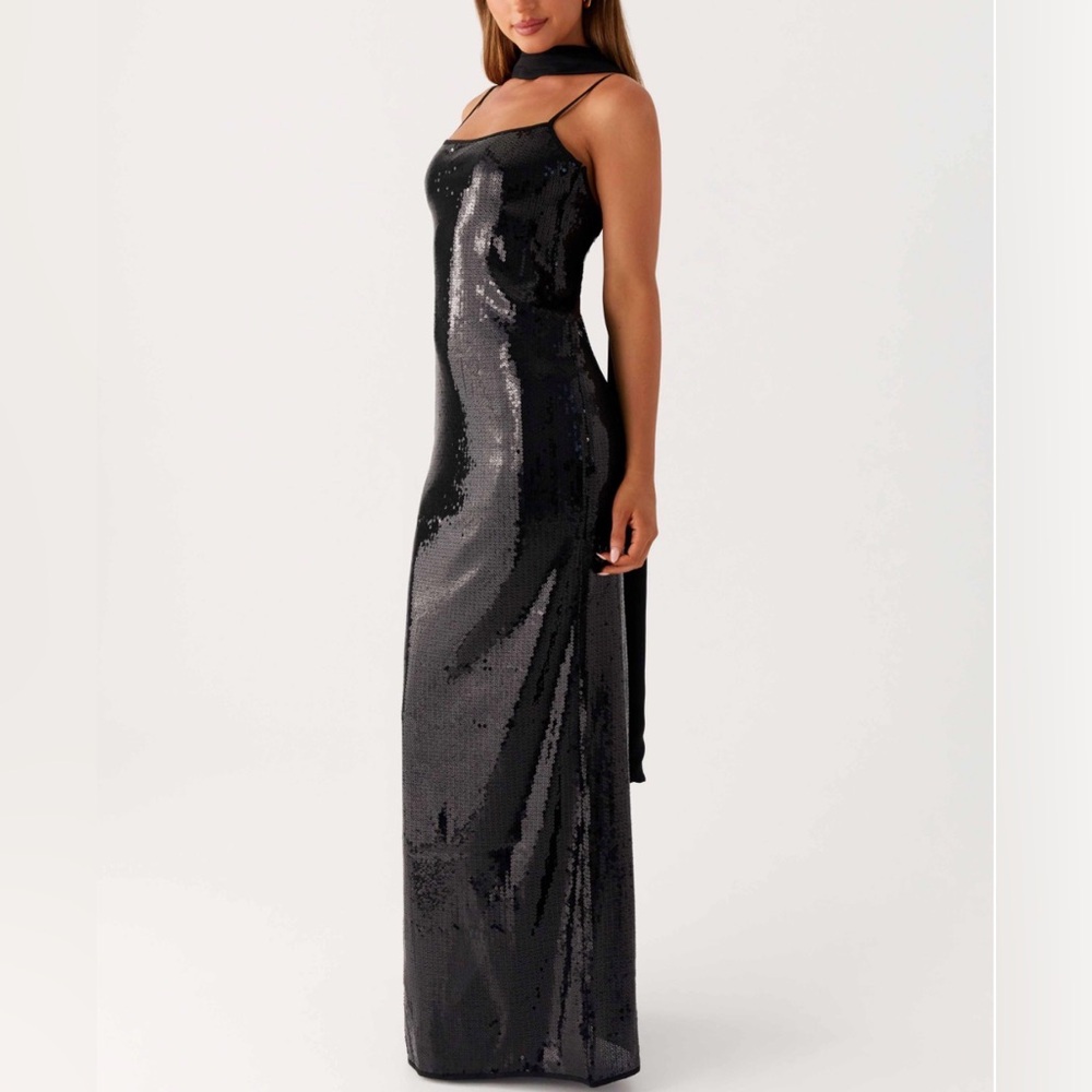 NWT Peppermayo Scarf Neck Sequins Maxi Dress - Black